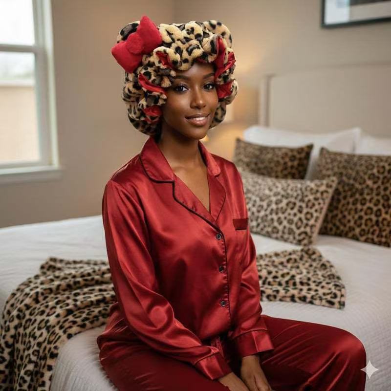 Women’s Plush Leopard Satin Double-Layer Sleeping Bonnet