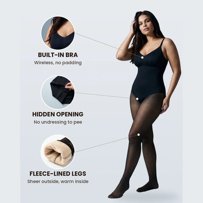 Sheer-Panel with Fleece Lined Tights Stay-Warm Tummy Control Sheer Effect Tights Bodysuit Black Basic