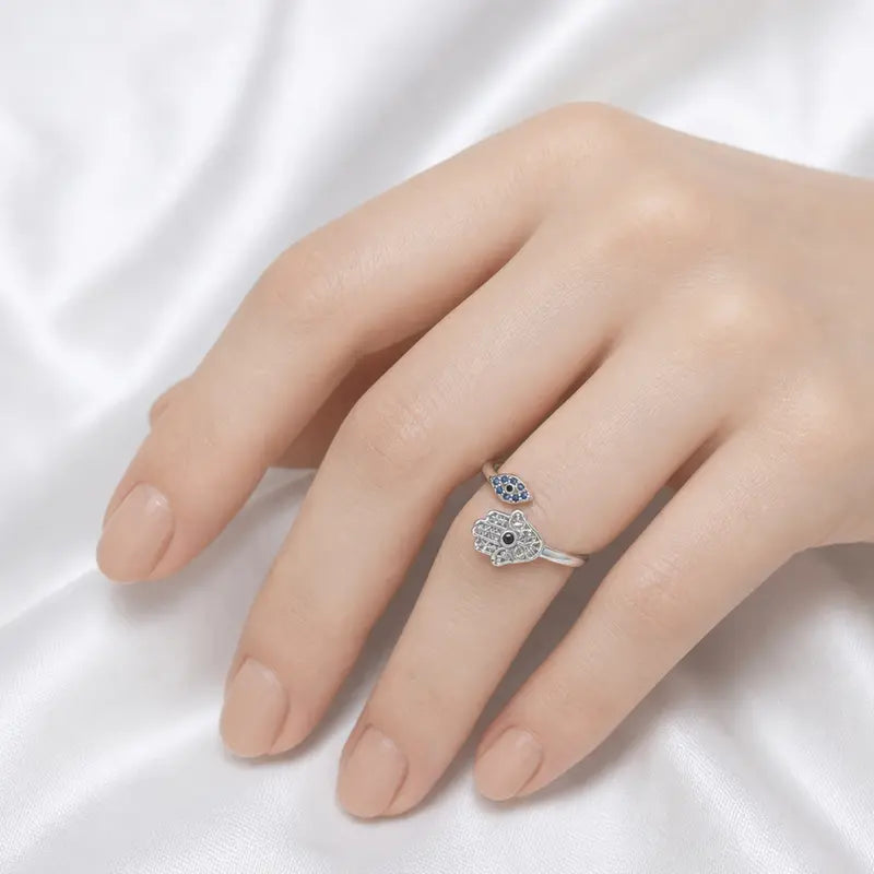 Adjustable Hamsa Evil Eye Ring