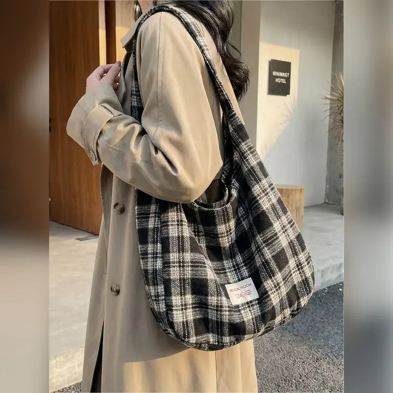 Vintage Plaid Slouchy Shoulder Bag