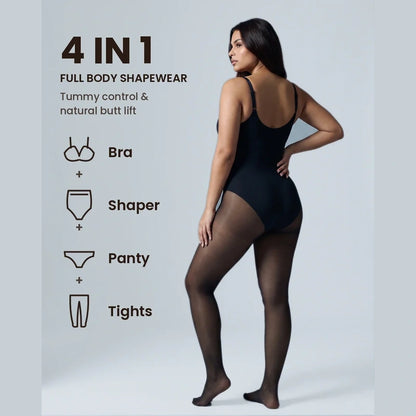 Sheer-Panel with Fleece Lined Tights Stay-Warm Tummy Control Sheer Effect Tights Bodysuit Black Basic