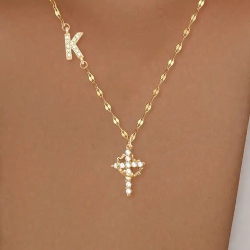 Crystal Initial Cross Necklace