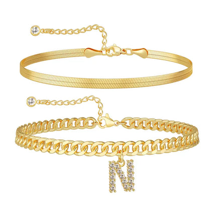 Women 14K Gold Plated Ankle Bracelet with Letter Pendant