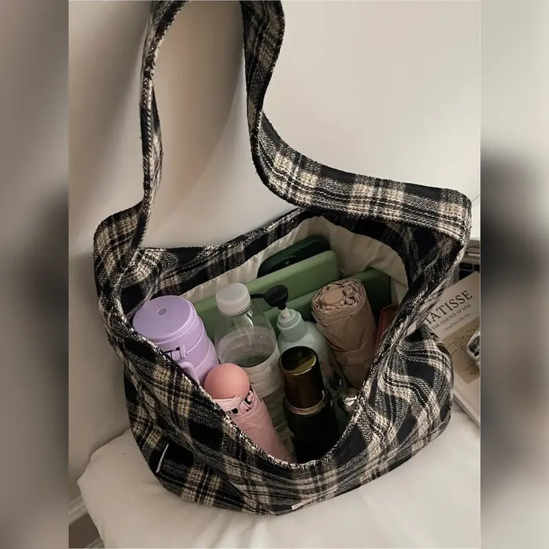 Vintage Plaid Slouchy Shoulder Bag
