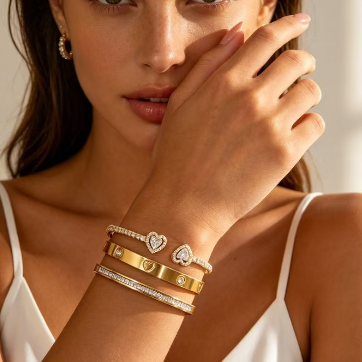 3-Piece 18K Gold-Plated Heart Bangle Set