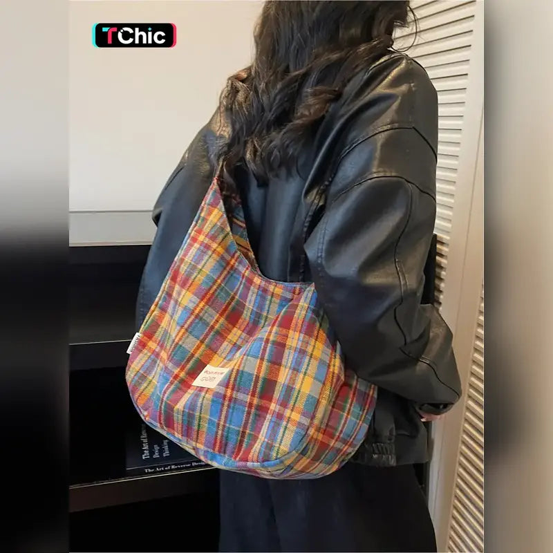 Vintage Plaid Slouchy Shoulder Bag