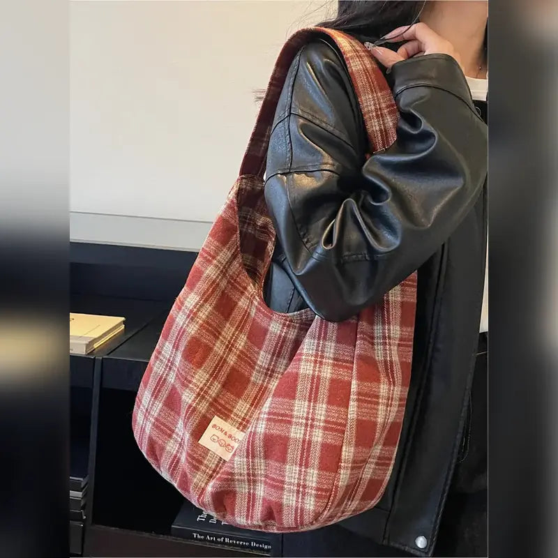 Vintage Plaid Slouchy Shoulder Bag