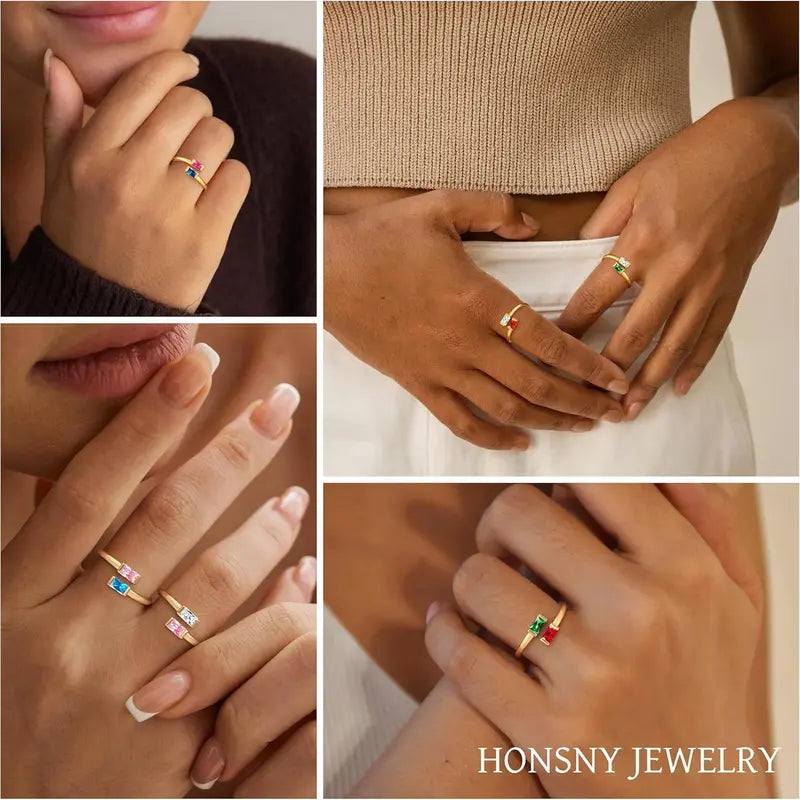 14K Gold Plated Adjustable Emerald Birthstone Ring｜Personalized Double Birthstone Ring