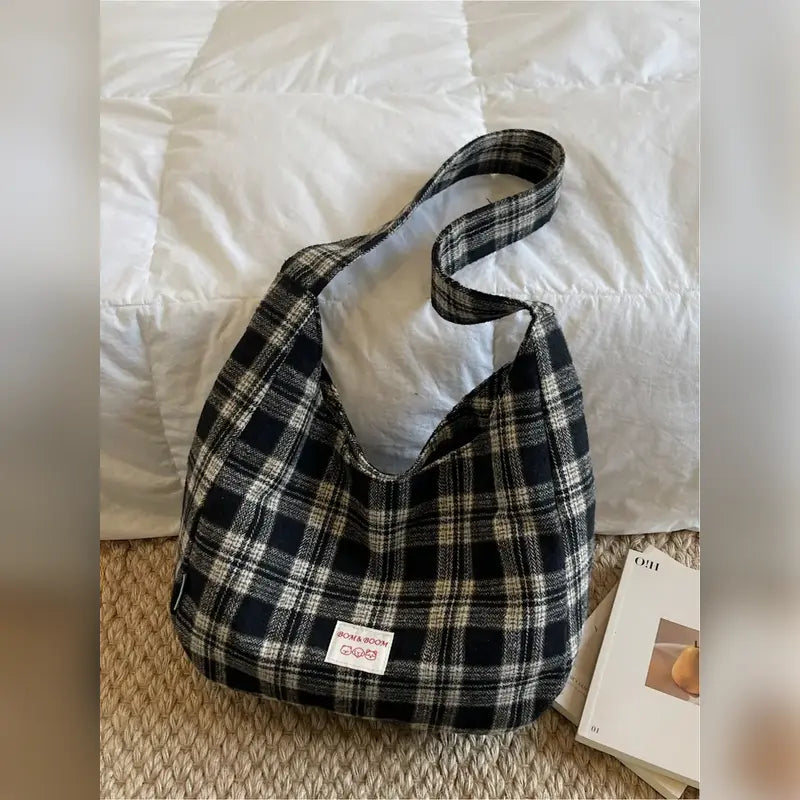 Vintage Plaid Slouchy Shoulder Bag
