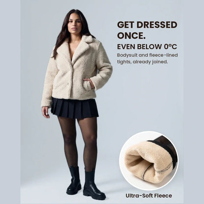Sheer-Panel with Fleece Lined Tights Stay-Warm Tummy Control Sheer Effect Tights Bodysuit Black Basic