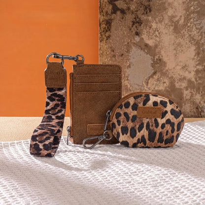 Leopard KeyChain Wristlet Wallets for Women Western Dual Pouch Card Holder Wallet With Zipper