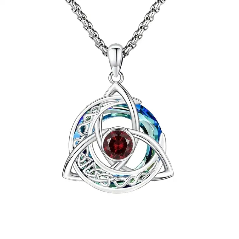 Celtic Birthstone Necklace – Trinity Knot Crescent Moon Pendant for Women