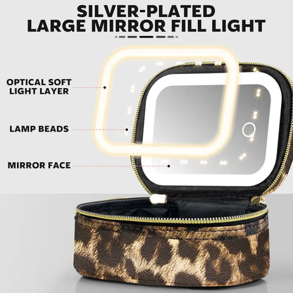 Leopard Print LED Makeup Bag with Mirror – Portable Cosmetic Organizer