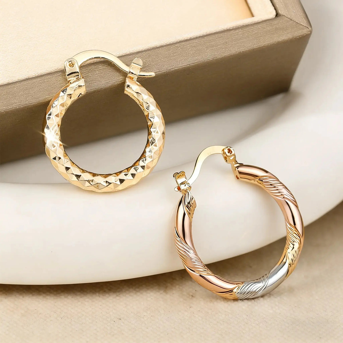 2 Pairs 14K Gold Plated Twisted Round Hoop Earrings