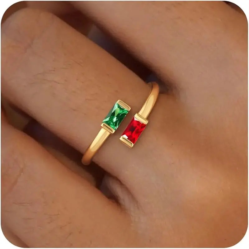 14K Gold Plated Adjustable Emerald Birthstone Ring｜Personalized Double Birthstone Ring