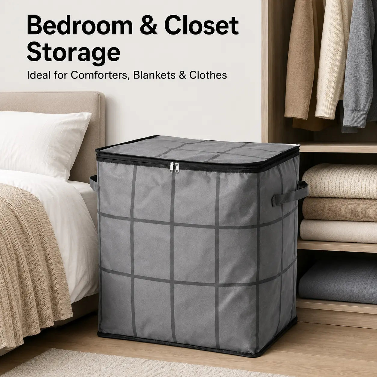 Spacious Moving Storage Bin, Zippered Organizer for Quilts