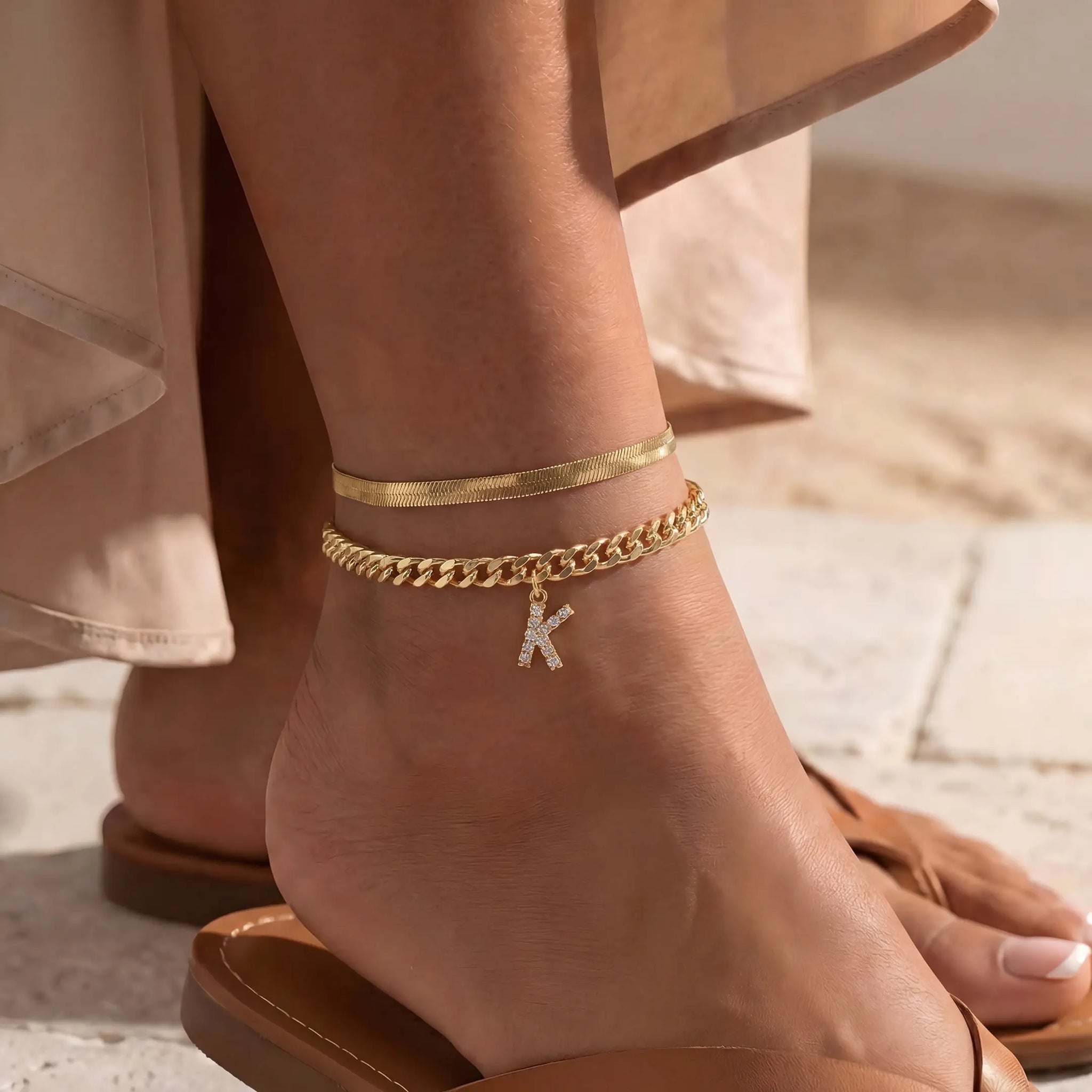 Women 14K Gold Plated Ankle Bracelet with Letter Pendant