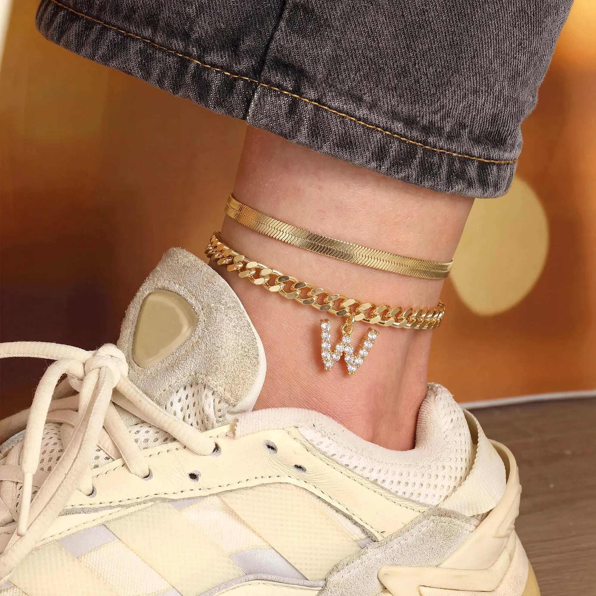 Women 14K Gold Plated Ankle Bracelet with Letter Pendant