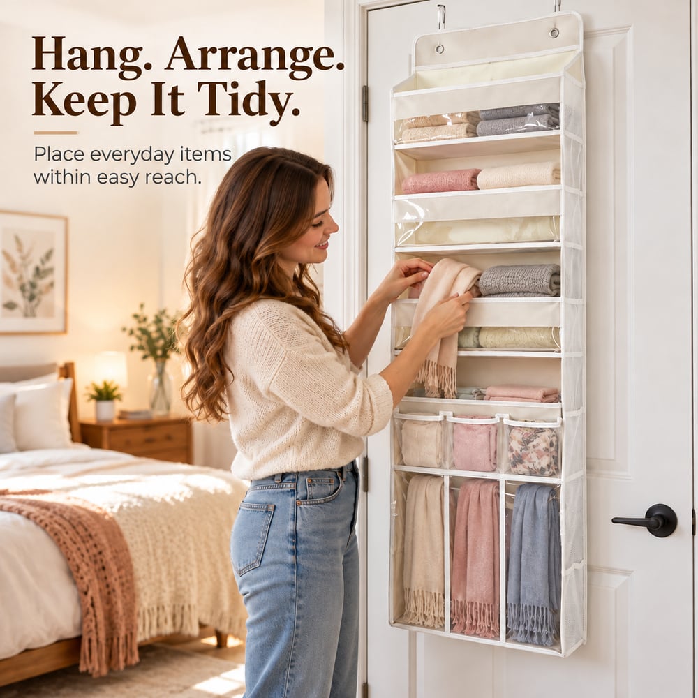 Over-Door Hanging Organizer with Clear-Front Compartments