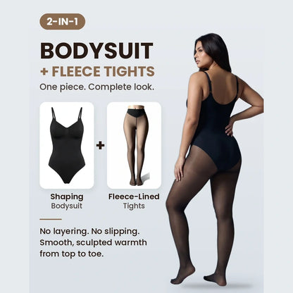 Sheer-Panel with Fleece Lined Tights Stay-Warm Tummy Control Sheer Effect Tights Bodysuit Black Basic