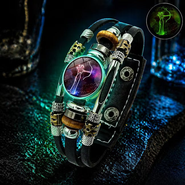 🎁 Buy 1, Get 1 FREE! Glow-in-the-Dark Leather Zodiac Sign Bracelet for Men & Women (6.9/8.1 inches) – Personalized Constellation Jewelry ✨♑️