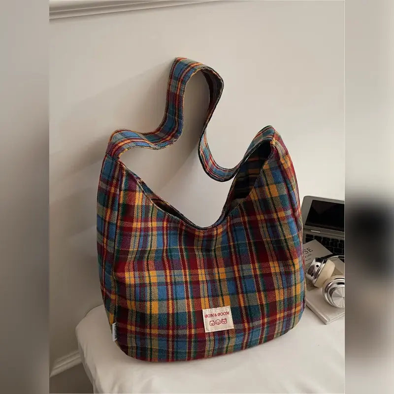 Vintage Plaid Slouchy Shoulder Bag