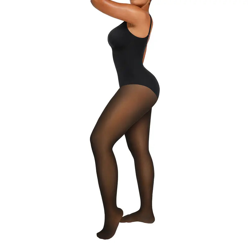 Sheer-Panel with Fleece Lined Tights Stay-Warm Tummy Control Sheer Effect Tights Bodysuit Black Basic