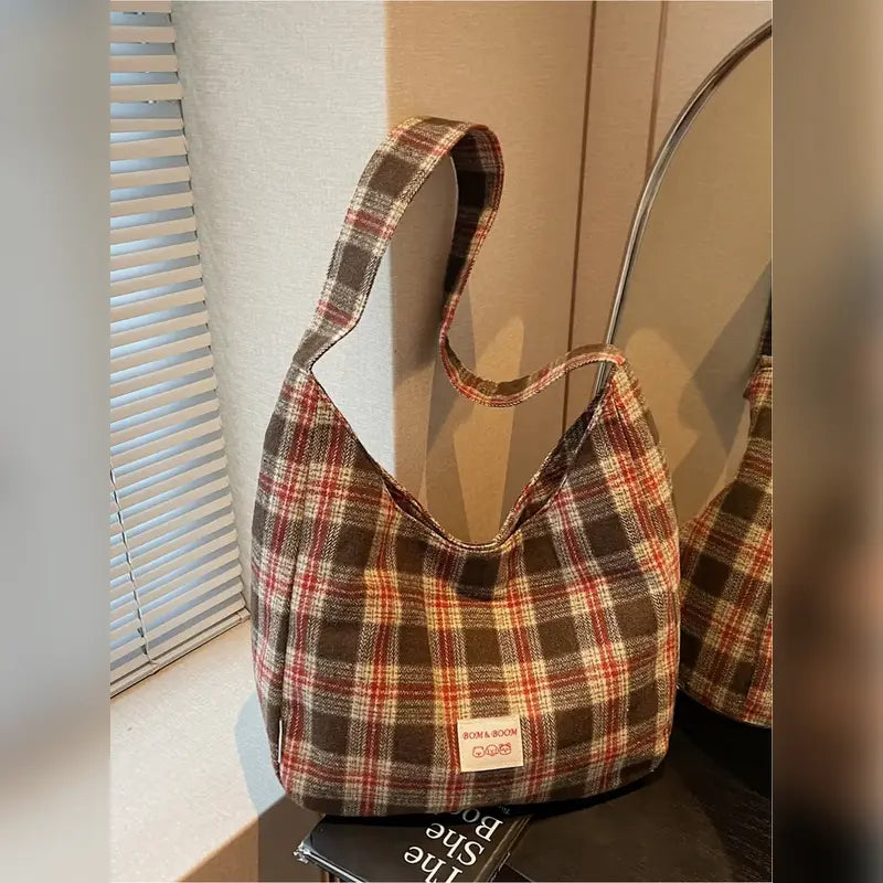 Vintage Plaid Slouchy Shoulder Bag