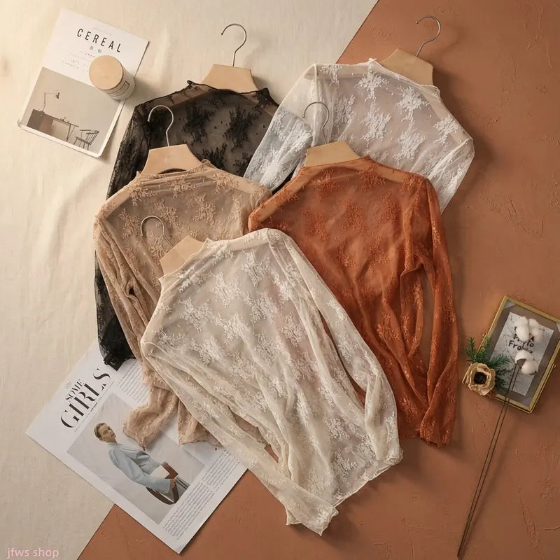 Floral Lace Mesh Long-Sleeve Tight-Fit Innerwear Top
