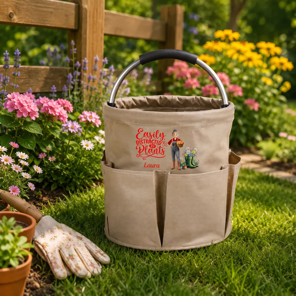 Gardening bag holding tools outdoors