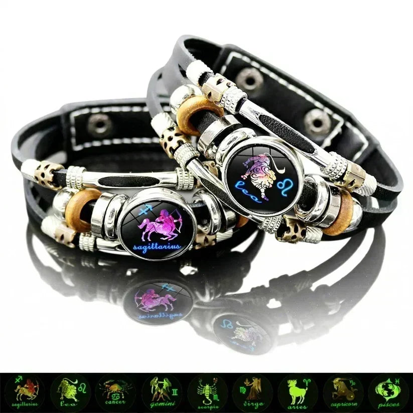 🎁 Buy 1, Get 1 FREE! Glow-in-the-Dark Leather Zodiac Sign Bracelet for Men & Women (6.9/8.1 inches) – Personalized Constellation Jewelry ✨♑️