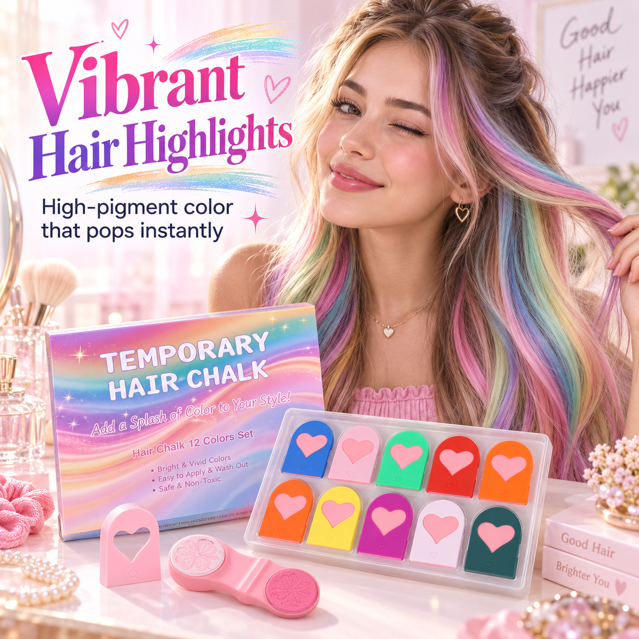 Rainbow Hair Chalk Comb Set – 12 Washable Colors