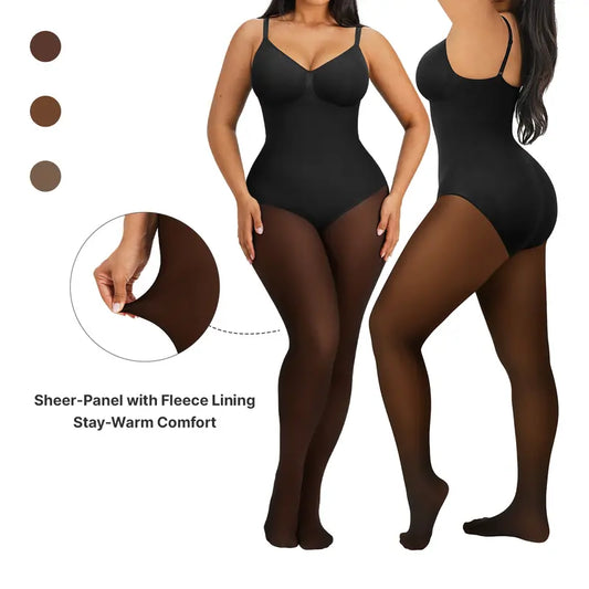 Sheer-Panel with Fleece Lined Tights Stay-Warm Tummy Control Sheer Effect Tights Bodysuit Black Basic