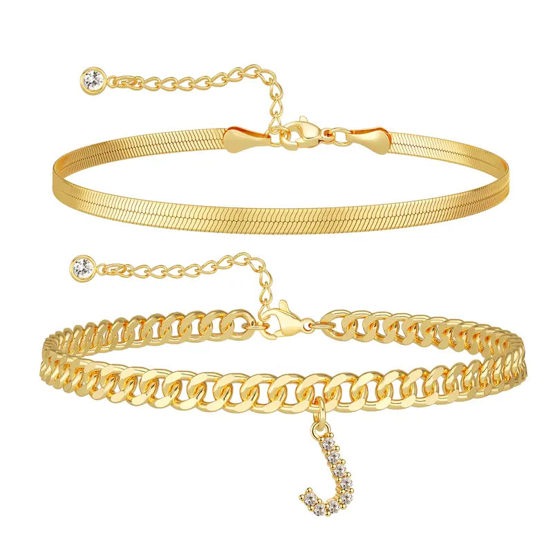 Women 14K Gold Plated Ankle Bracelet with Letter Pendant