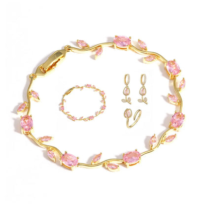 🎄 Christmas Gift Pick 🌷 Crystal-Embellished Leaf & Tulip Jewelry Set – Elegant Floral Design ✨