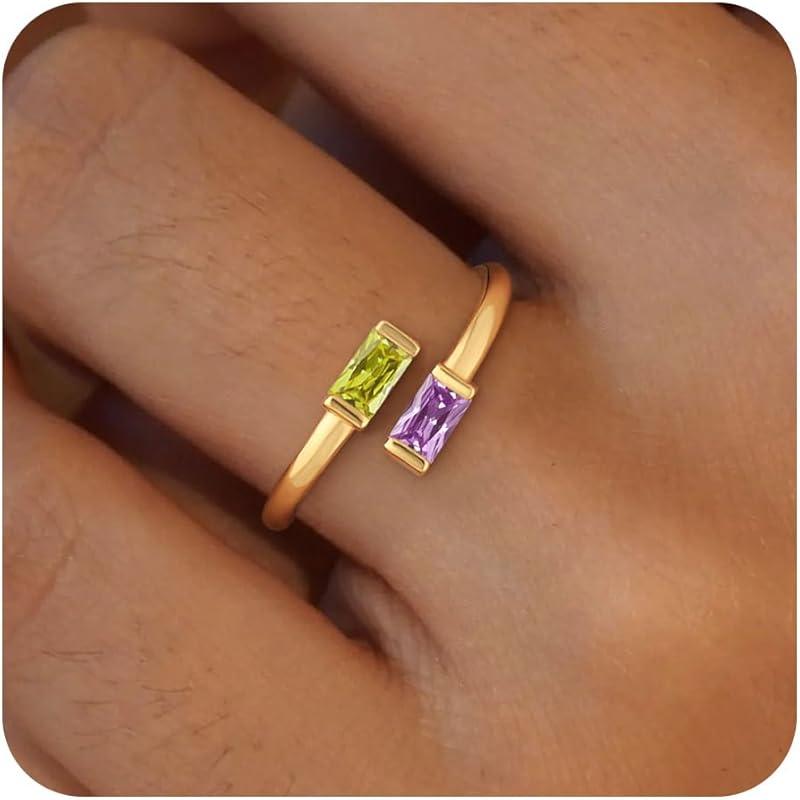 14K Gold Plated Adjustable Emerald Birthstone Ring｜Personalized Double Birthstone Ring