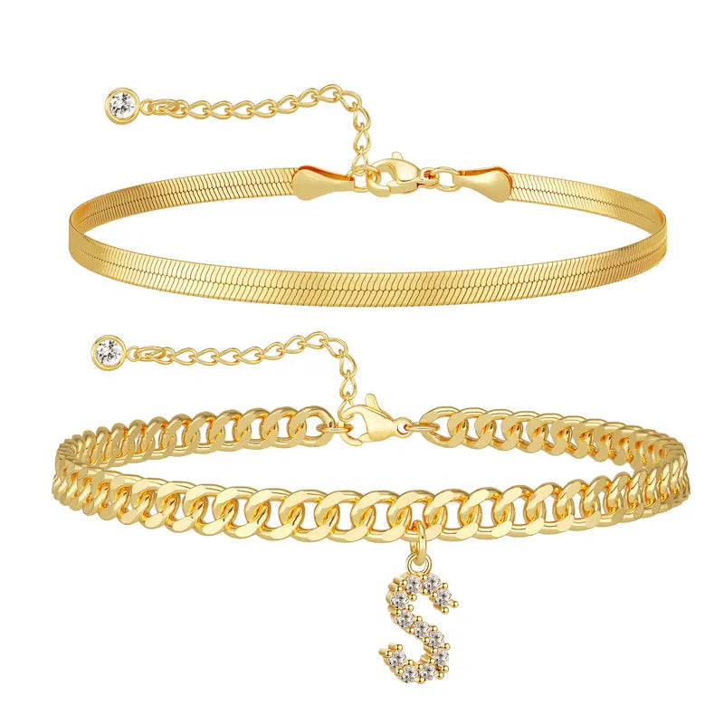Women 14K Gold Plated Ankle Bracelet with Letter Pendant