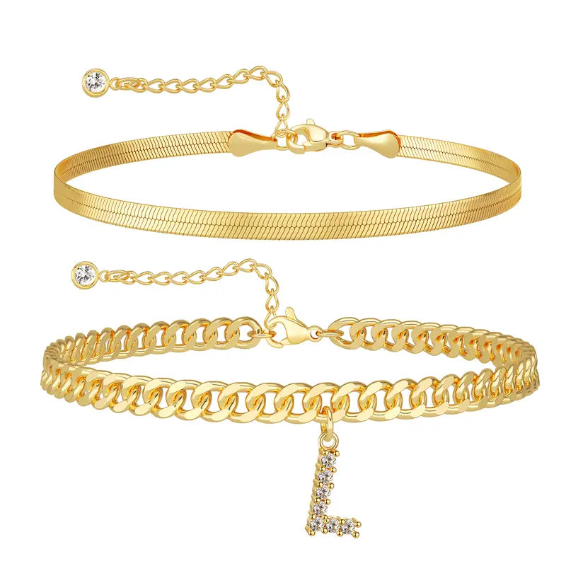 Women 14K Gold Plated Ankle Bracelet with Letter Pendant
