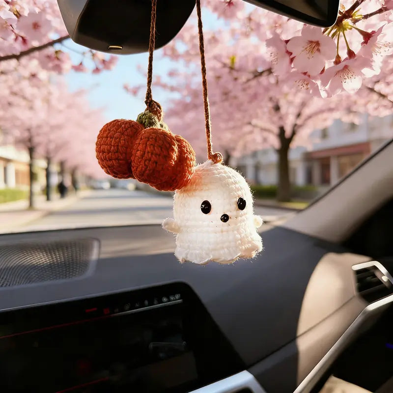 Handmade Crochet Ghost & Pumpkin Rear View Mirror Hanging Car Charm