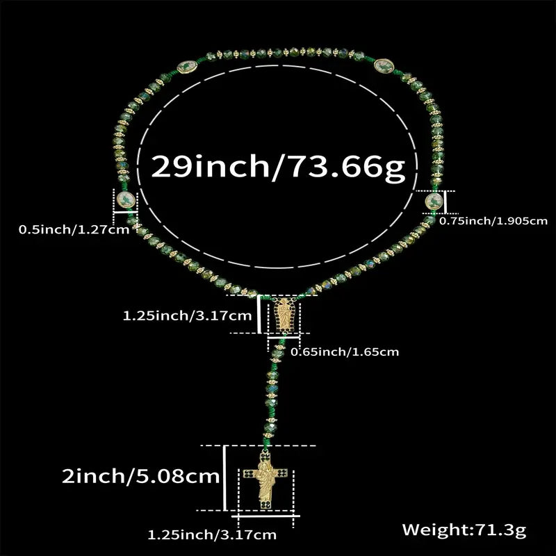 Handmade Rosary Necklace with Green Crystal Beads, Saint Jude & Virgin Mary Medals, Trendy Cross Pendant Jewelry for Men & Women, Trendy Necklace, Cross Necklace, Jewelry For Women, Religious Cross Necklaces