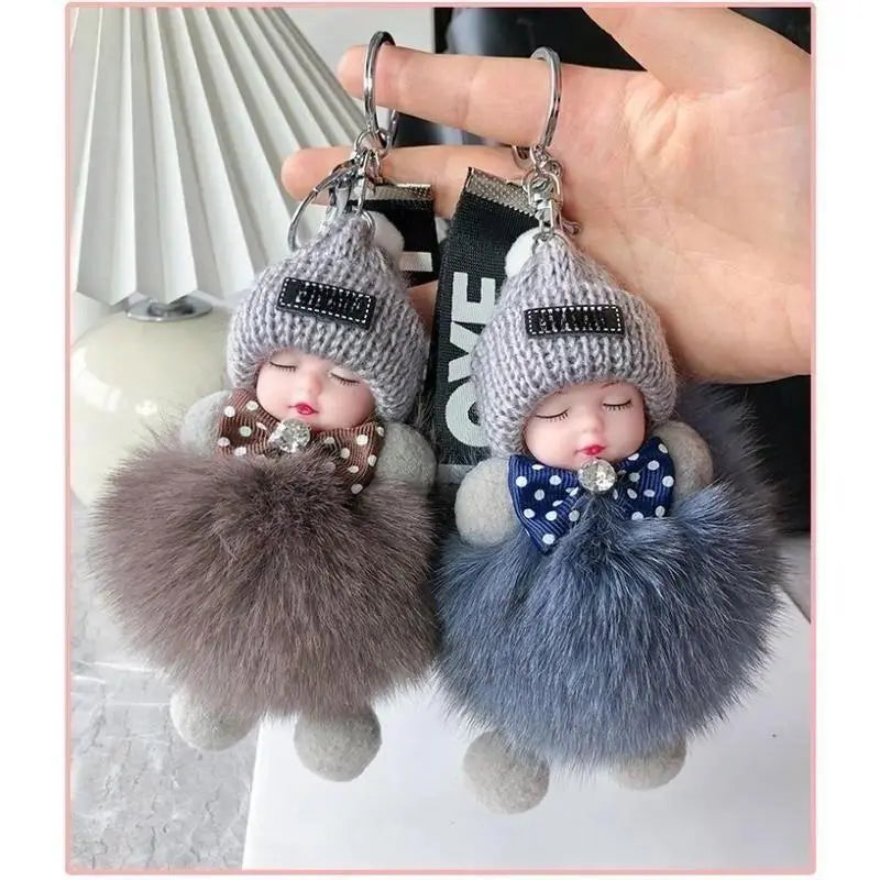 2-Pack Cute Fluffy Plush Sleepy Doll Keychain For Women | Kawaii Bag Car Key Ring Pendant Trinket Gift
