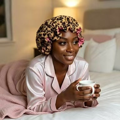 Women’s Plush Leopard Satin Double-Layer Sleeping Bonnet