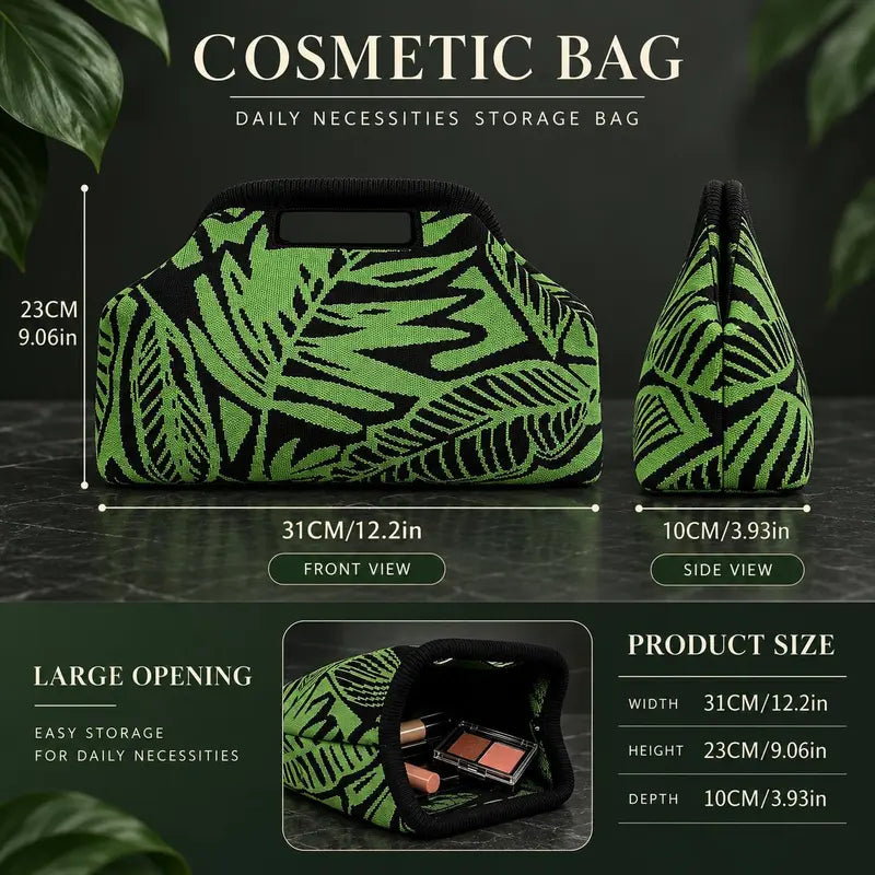 Women’s Green Leaf Knitted Large Capacity Makeup Bag