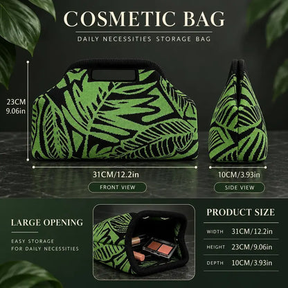 Women’s Green Leaf Knitted Large Capacity Makeup Bag