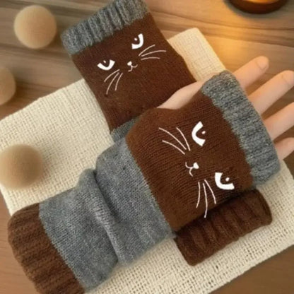 ❄️Women’s Knitted Fingerless Gloves with Cute Cat – Cozy, Stylish & Practical Winter Hand Warmers 🐾