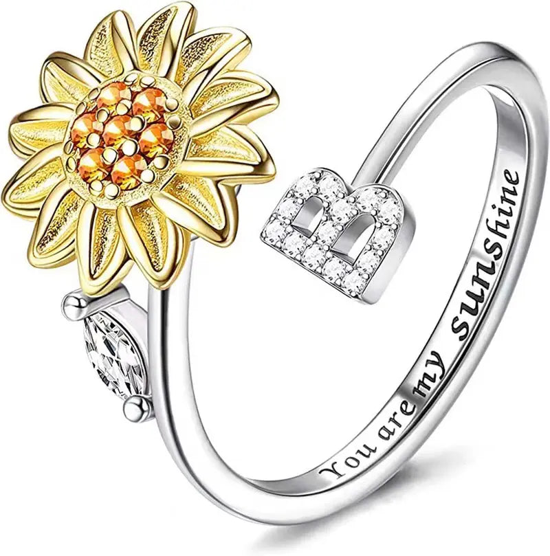 You Are My Sunshine Spinner Ring – Floral Gemstone A-Z Initial Ring