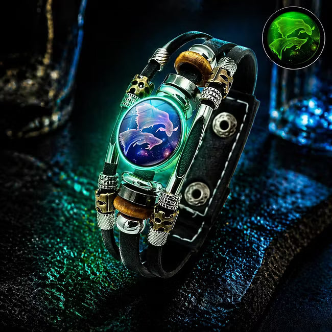🎁 Buy 1, Get 1 FREE! Glow-in-the-Dark Leather Zodiac Sign Bracelet for Men & Women (6.9/8.1 inches) – Personalized Constellation Jewelry ✨♑️