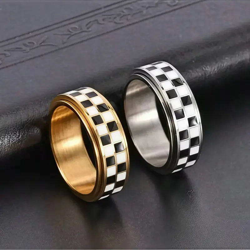Checkered Spinner Ring – Stainless Steel Fidget Band