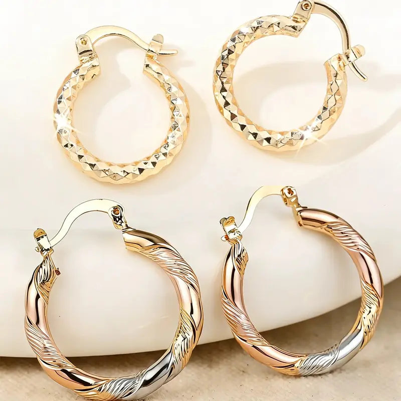 2 Pairs 14K Gold Plated Twisted Round Hoop Earrings
