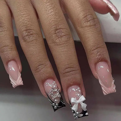24pcs Press On Nails – 6 Styles French Tip Floral & Chrome
